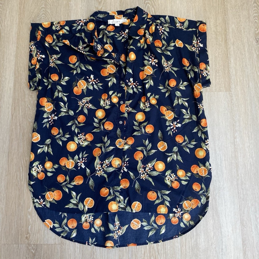 LOFT Orange Citrus Print Navy Blouse SZ L 100% Cotton Short Sleeves Button Down